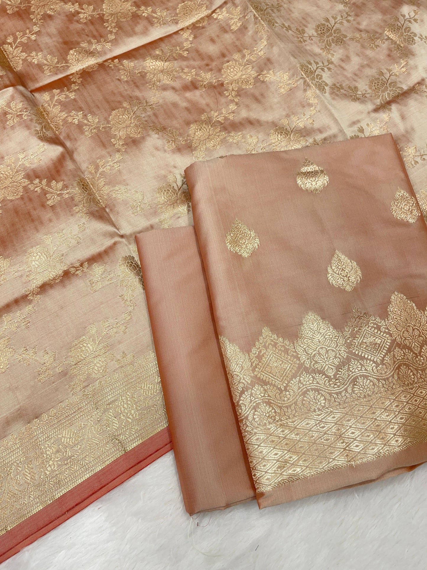 Beige Semi Katan Silk Handloom Banarasi 3 pcs Suit Set MUB_SK92