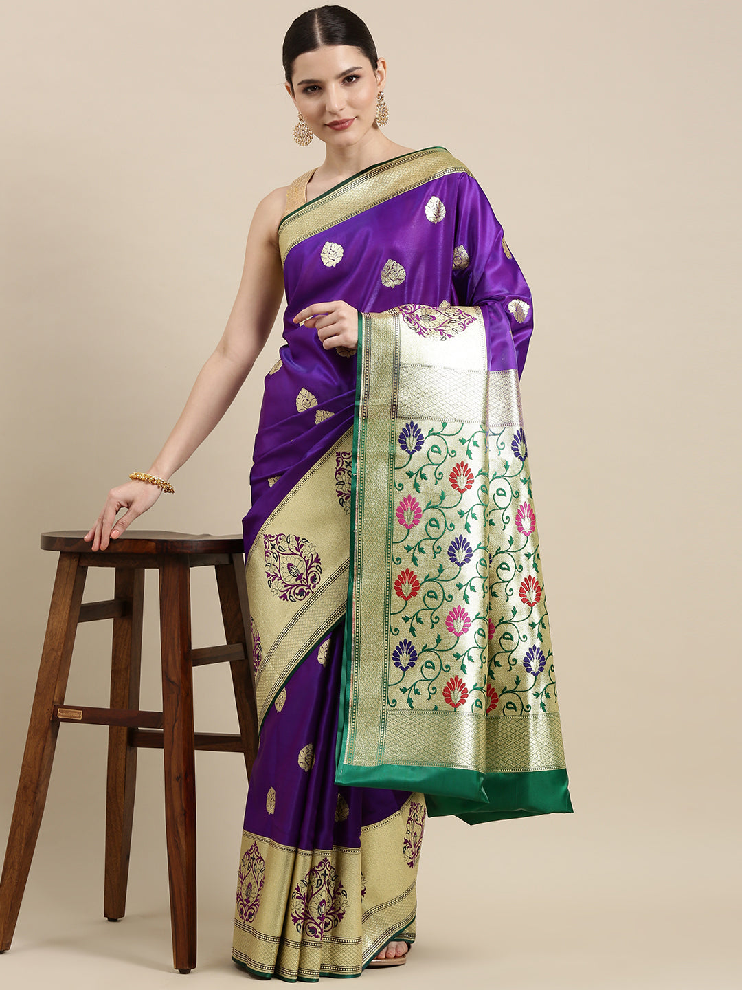 Faishana Presents Purple Satin Silk Mughal Motif Zari Boota Paithani Anchal Skirt Green Border Banarasi Saree