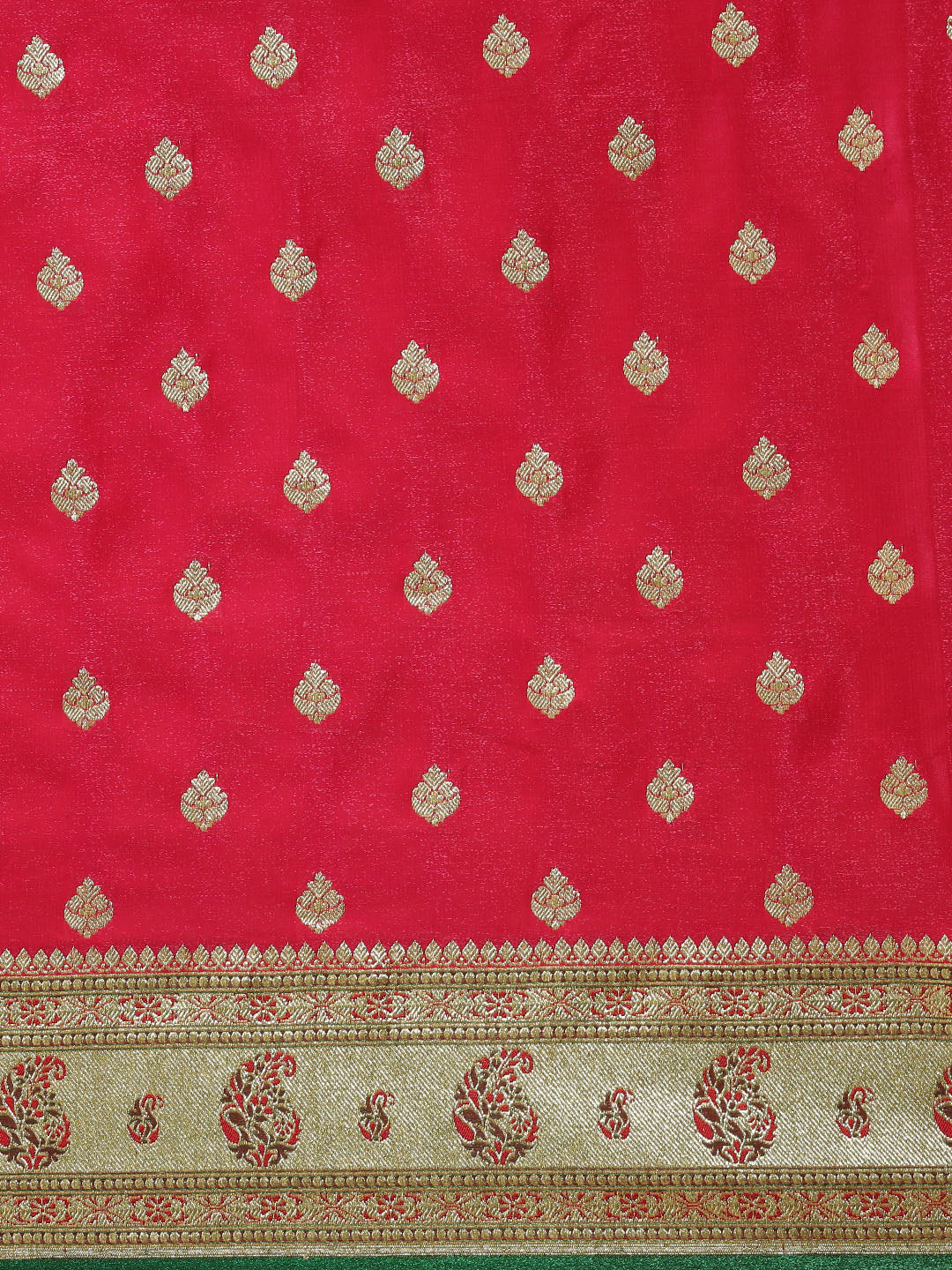 Faishana Presents Pink Satin Silk Mughal Motif Zari Booti With Paithani Green Border Banarasi Saree