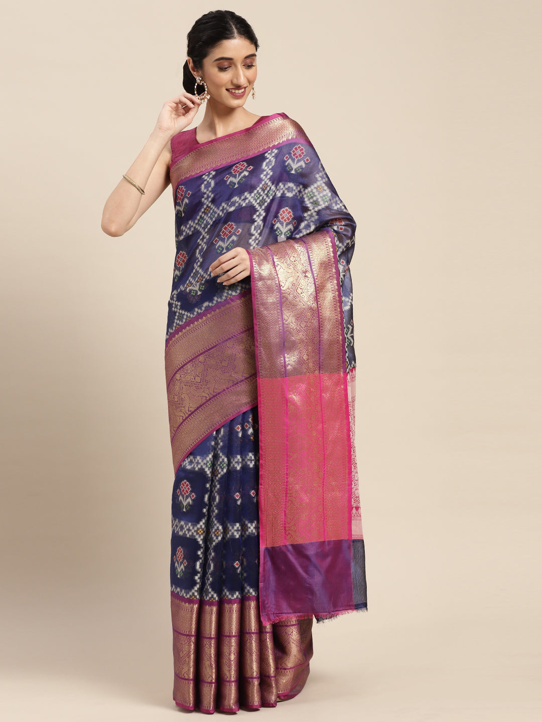 Faishana Presents Royal Blue & Magenta Ikkat Patola Art Silk Skirt Pattu Border With Magenta Blouse Banarasi Saree