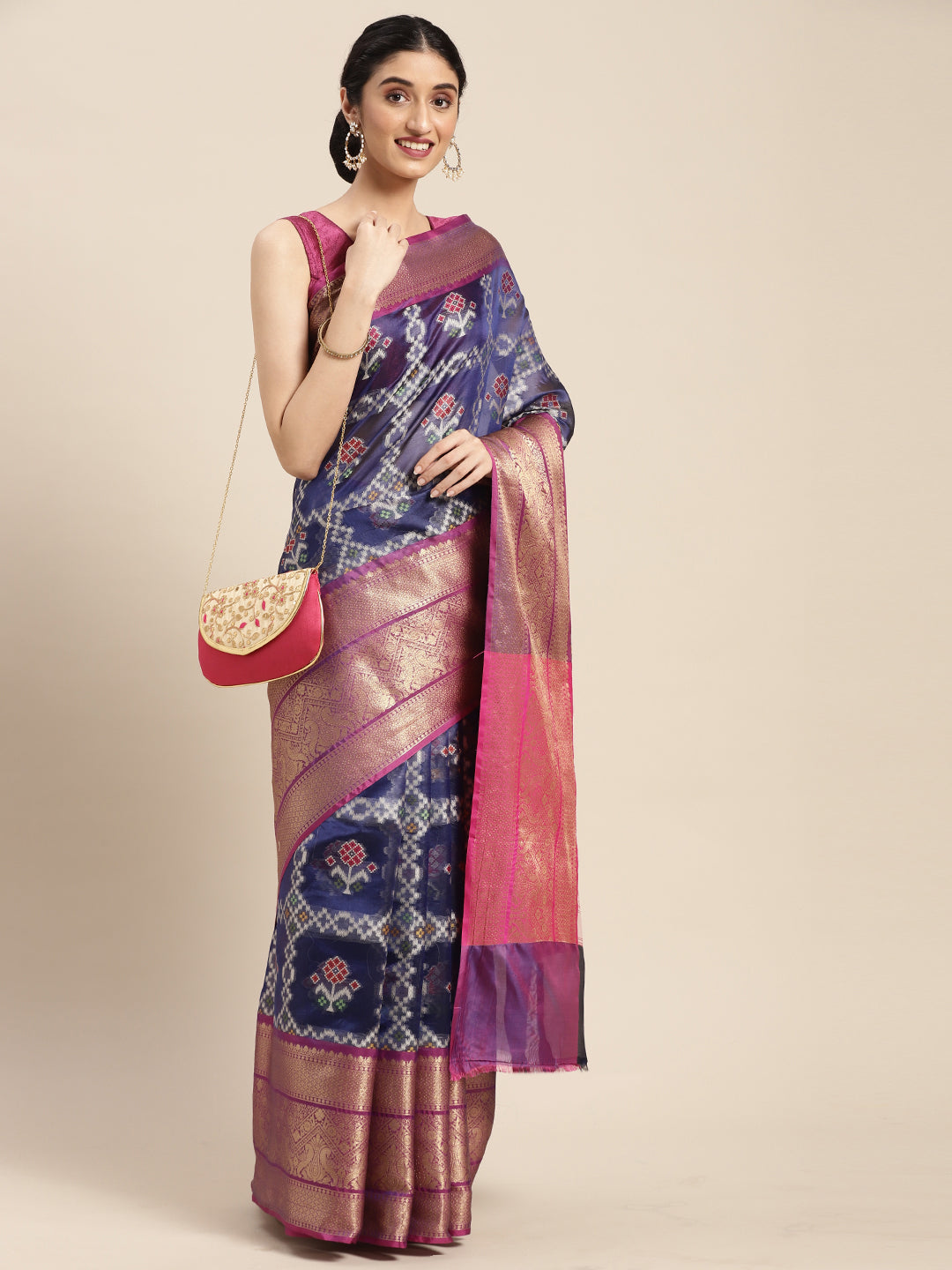 Faishana Presents Royal Blue & Magenta Ikkat Patola Art Silk Skirt Pattu Border With Magenta Blouse Banarasi Saree