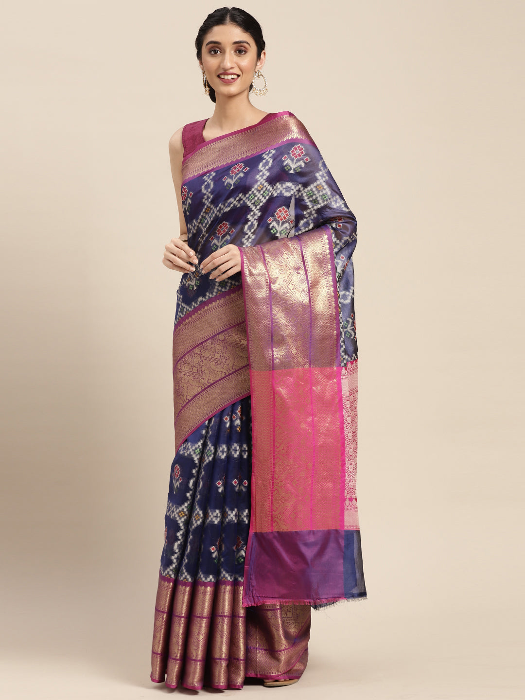 Faishana Presents Royal Blue & Magenta Ikkat Patola Art Silk Skirt Pattu Border With Magenta Blouse Banarasi Saree