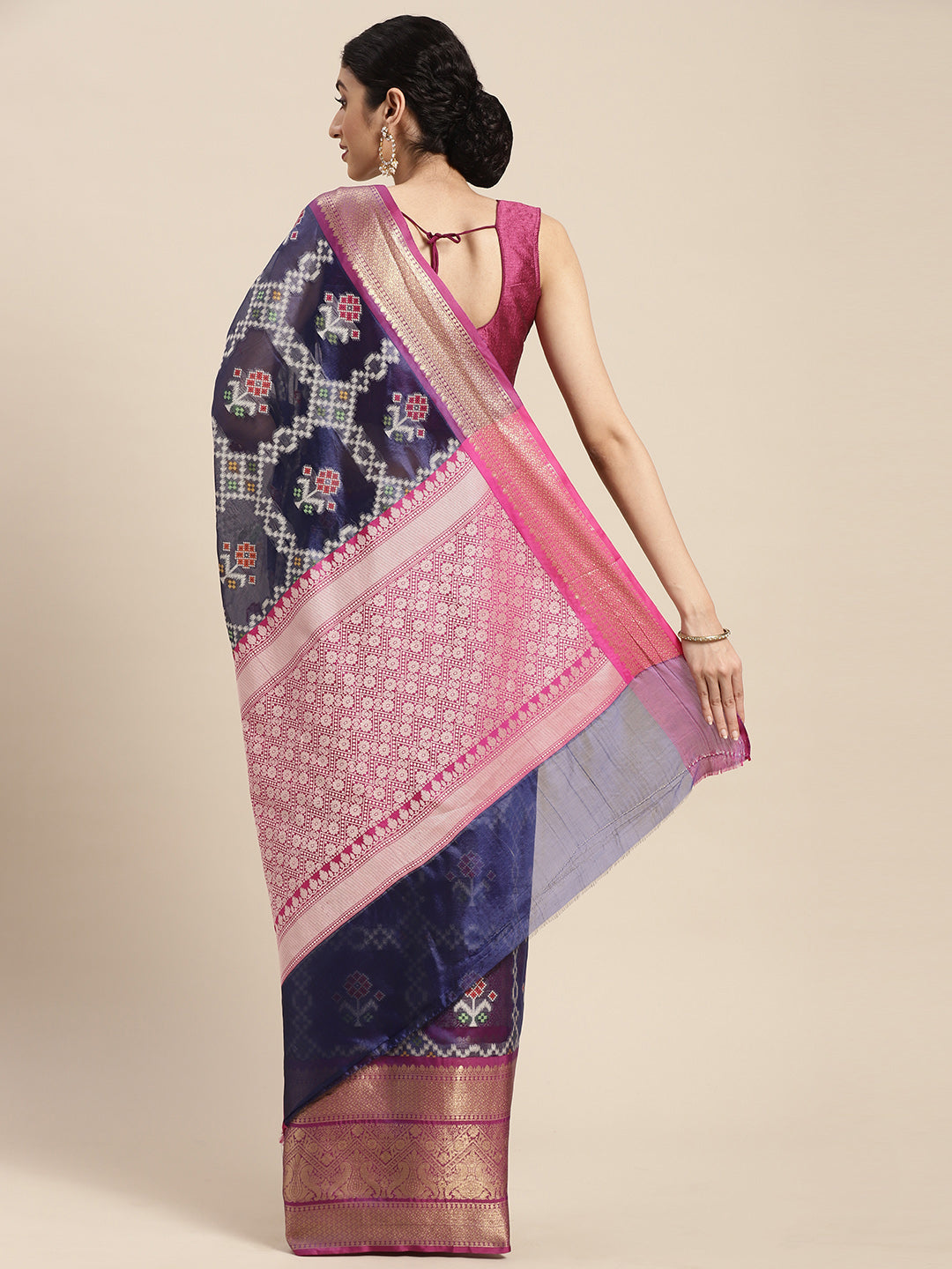 Faishana Presents Royal Blue & Magenta Ikkat Patola Art Silk Skirt Pattu Border With Magenta Blouse Banarasi Saree