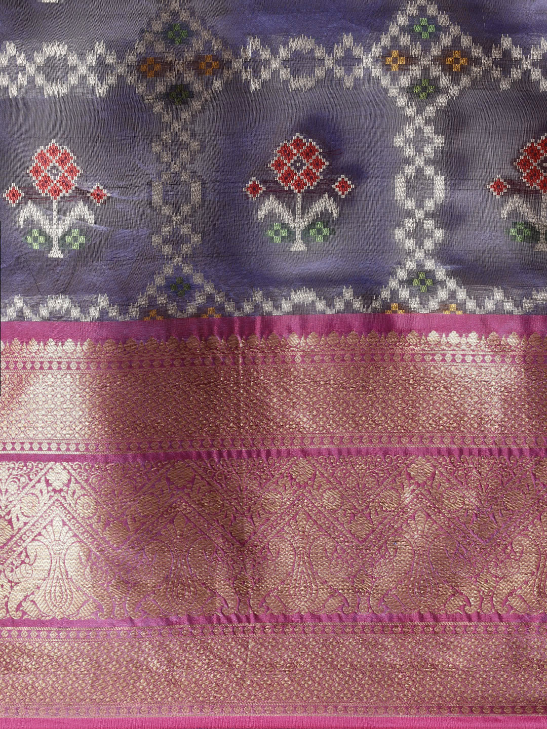 Faishana Presents Royal Blue & Magenta Ikkat Patola Art Silk Skirt Pattu Border With Magenta Blouse Banarasi Saree
