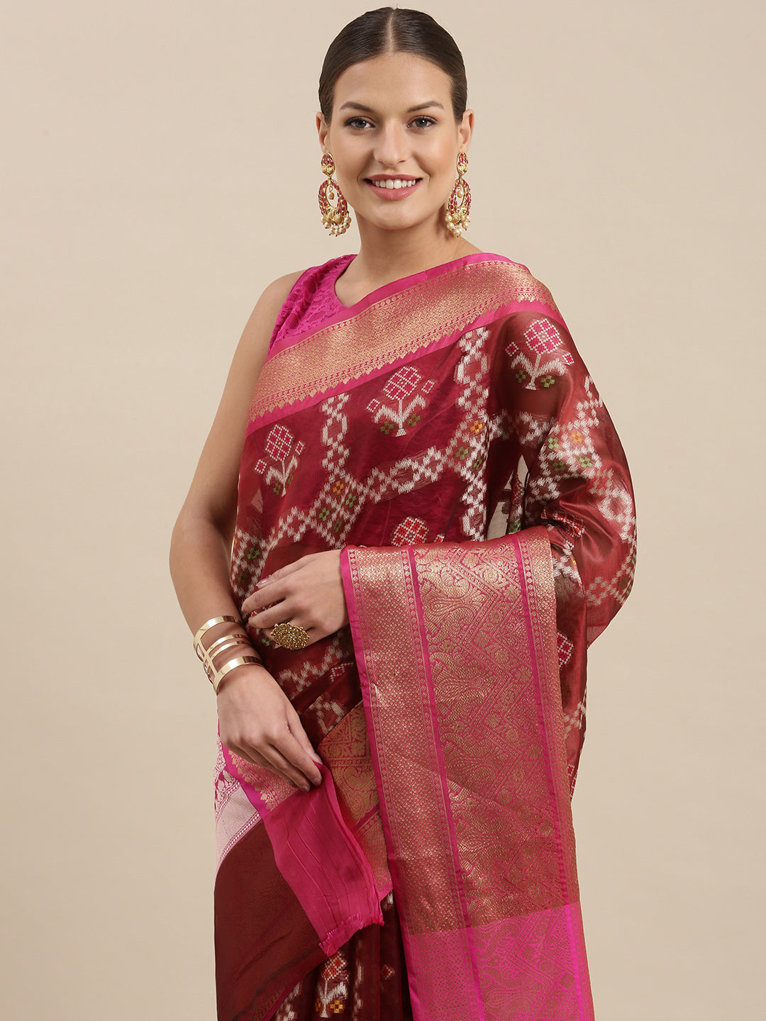 Faishana Presents Maroon & Pink Ikkat Patola Art Silk Skirt Pattu Border With Pink Blouse Banarasi Saree