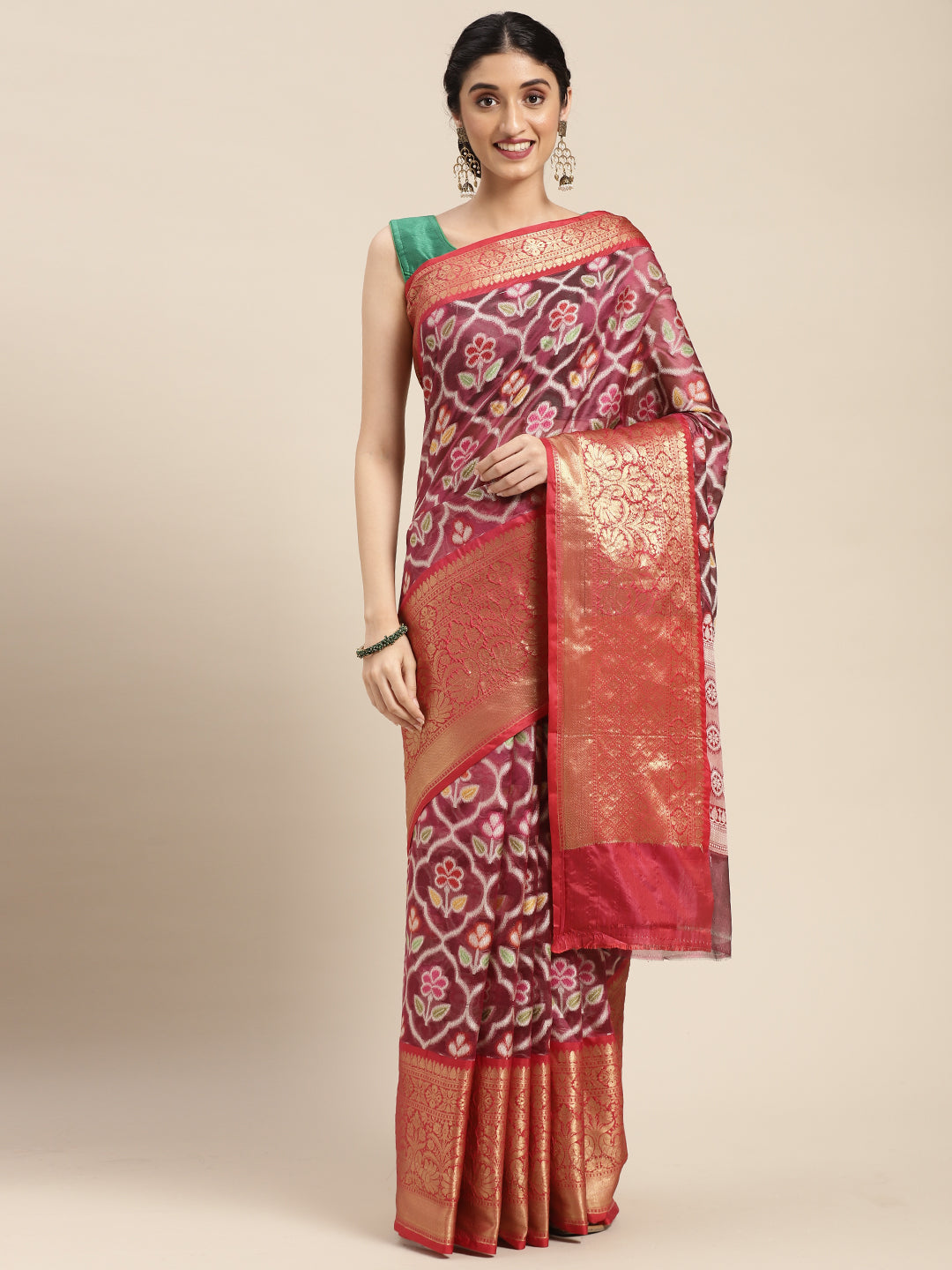 Faishana Presents Magenta & Red Ikkat Patola Art Silk Skirt Pattu Border With Red Blouse Banarasi Saree