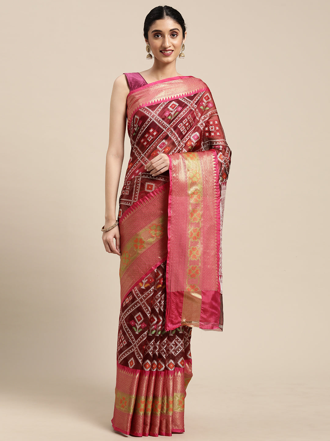 Faishana Presents Maroon & Pink Ikkat Patola Art Silk Kanchi Ikkat Pattu Border With Pink Blouse Banarasi Saree