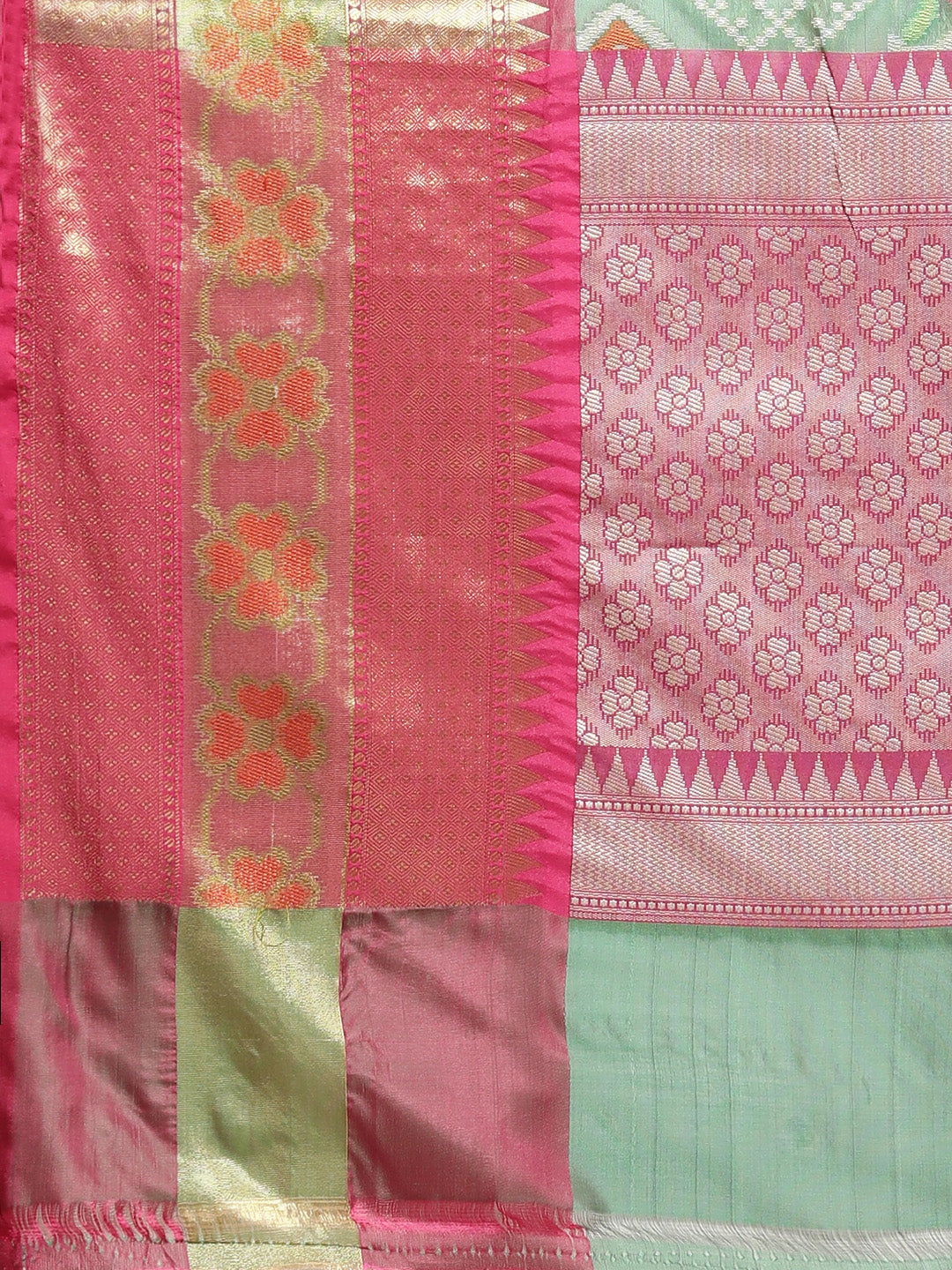 Faishana Presents Green & Pink Ikkat Patola Art Silk Skirt Pattu Border With Pink Blouse Saree