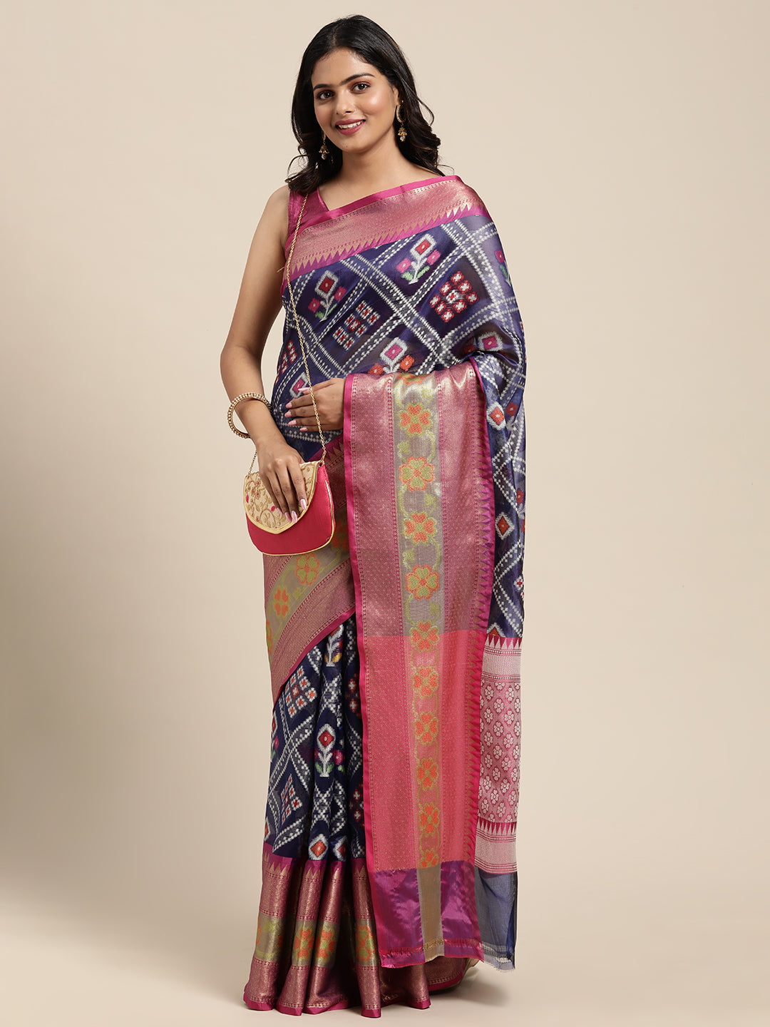 Faishana Presents Royal Blue & Magenta Ikkat Patola Art Silk Skirt Ikkat Pattu Border With Magenta Blouse Banarasi Saree