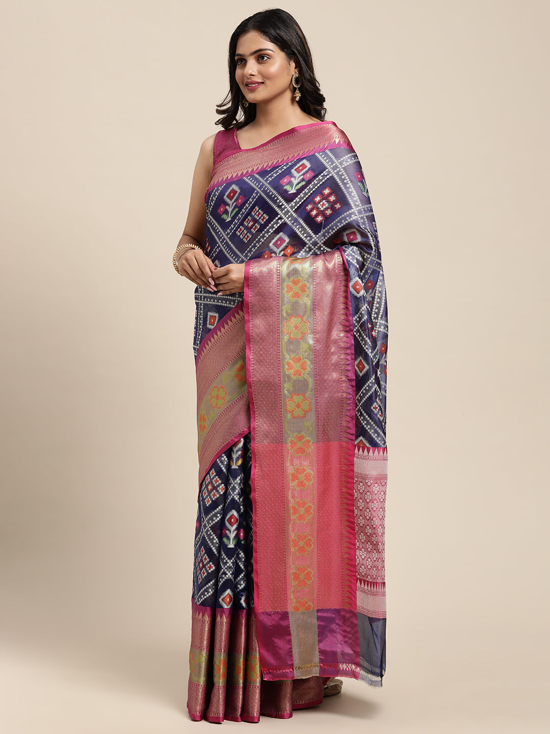 Faishana Presents Royal Blue & Magenta Ikkat Patola Art Silk Skirt Ikkat Pattu Border With Magenta Blouse Banarasi Saree