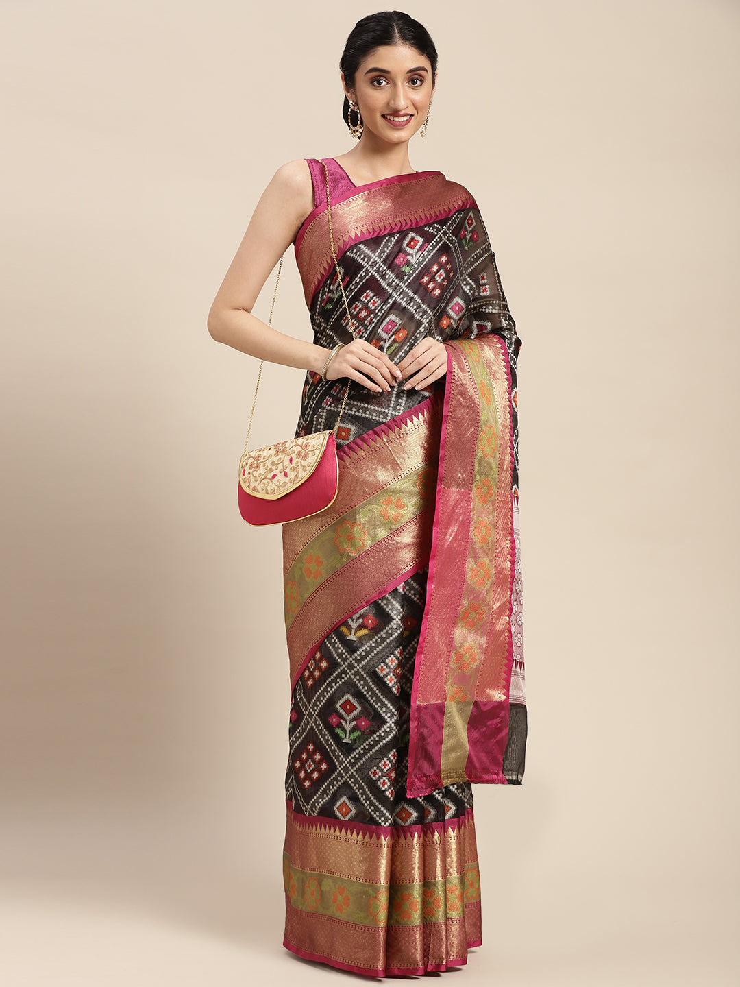 Faishana Presents Black & Magenta Ikkat Patola Art Silk Skirt Pattu Border With Magenta Blouse Banarasi Saree