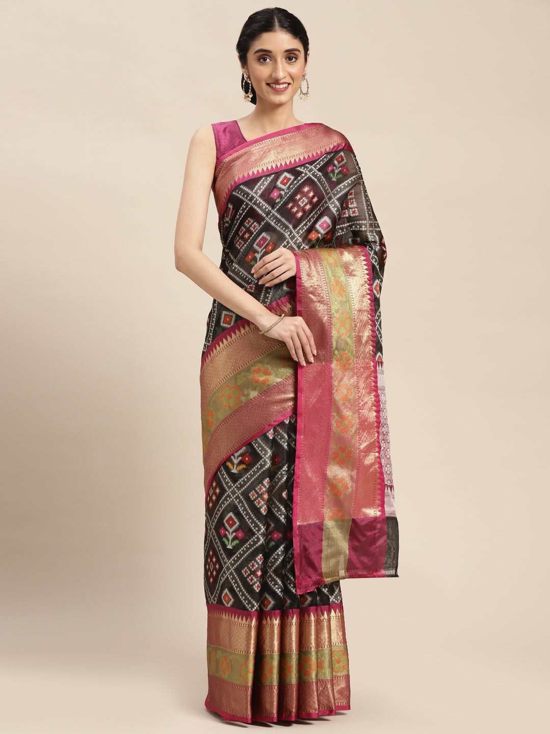 Faishana Presents Black & Magenta Ikkat Patola Art Silk Skirt Pattu Border With Magenta Blouse Banarasi Saree
