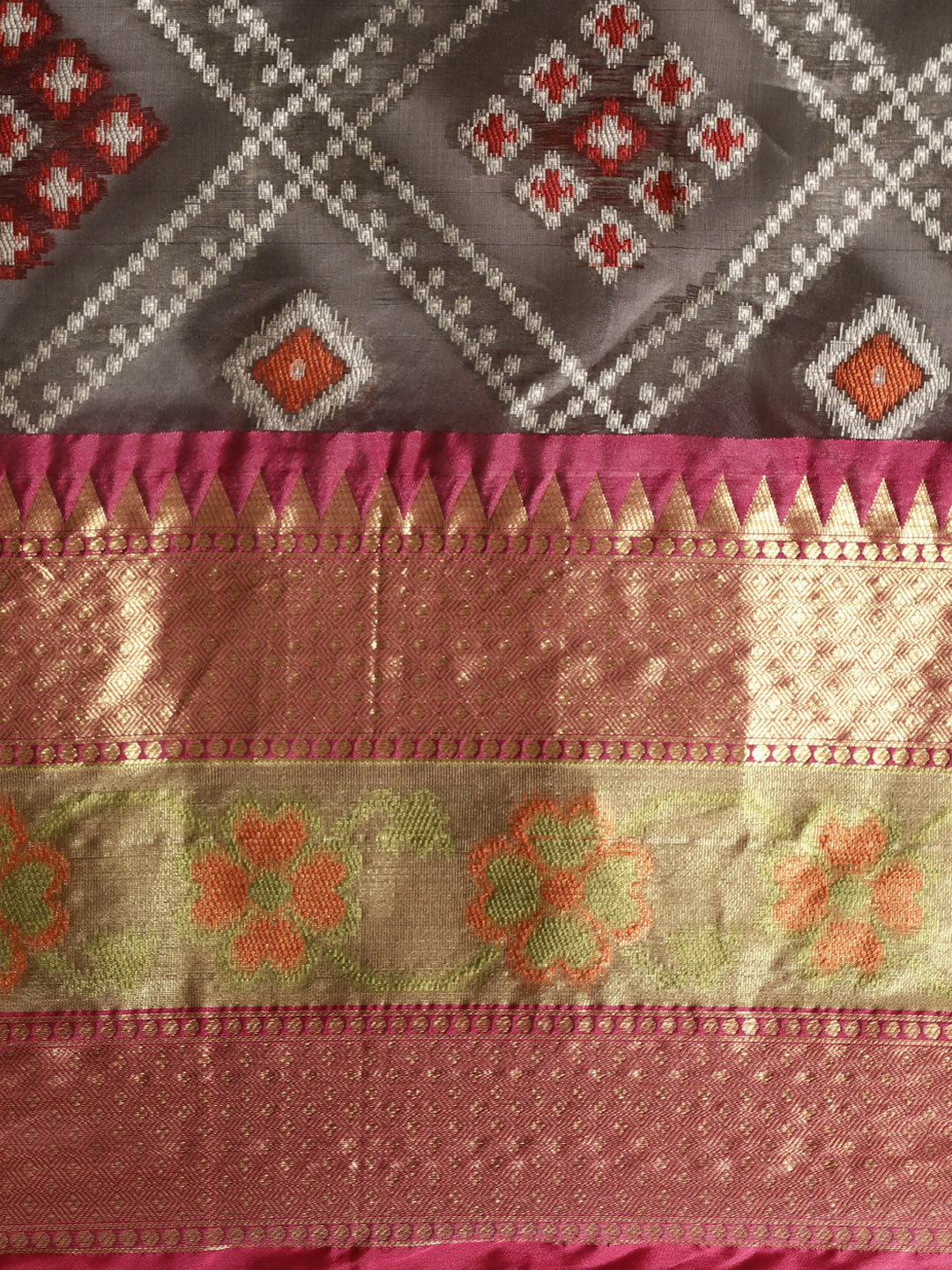 Faishana Presents Black & Magenta Ikkat Patola Art Silk Skirt Pattu Border With Magenta Blouse Banarasi Saree