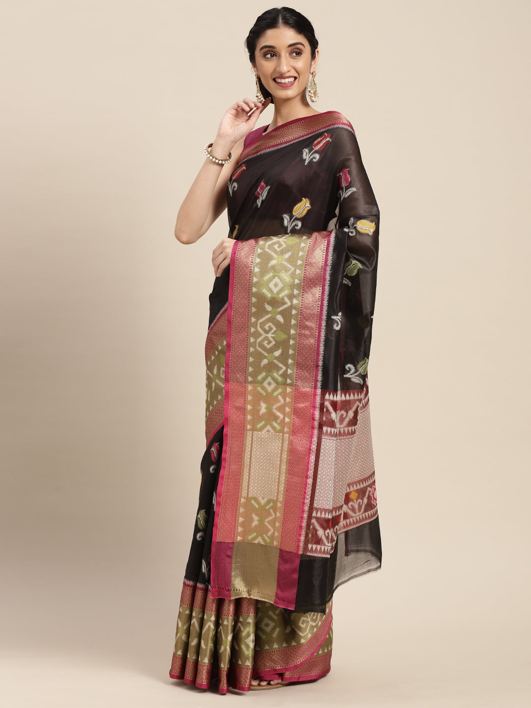 Faishana Presents Black & Magenta Ikkat Patola Art Silk Kanchi Pattu Border With Magenta Blouse Banarasi Saree