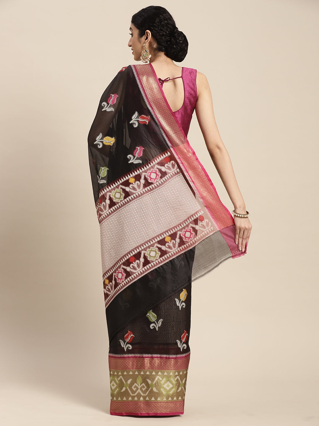 Faishana Presents Black & Magenta Ikkat Patola Art Silk Kanchi Pattu Border With Magenta Blouse Banarasi Saree
