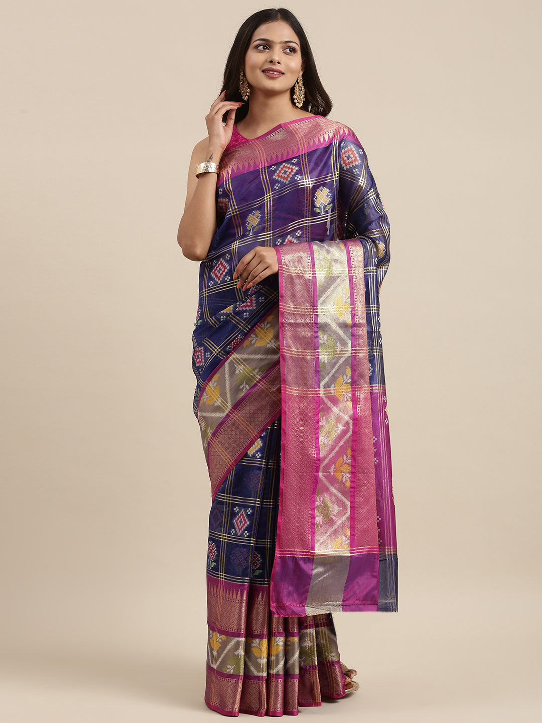 Faishana Presents Royal Blue & Magenta Rajkot Patola Art Silk Skirt Pattu Border With Magenta Blouse Banarasi Saree