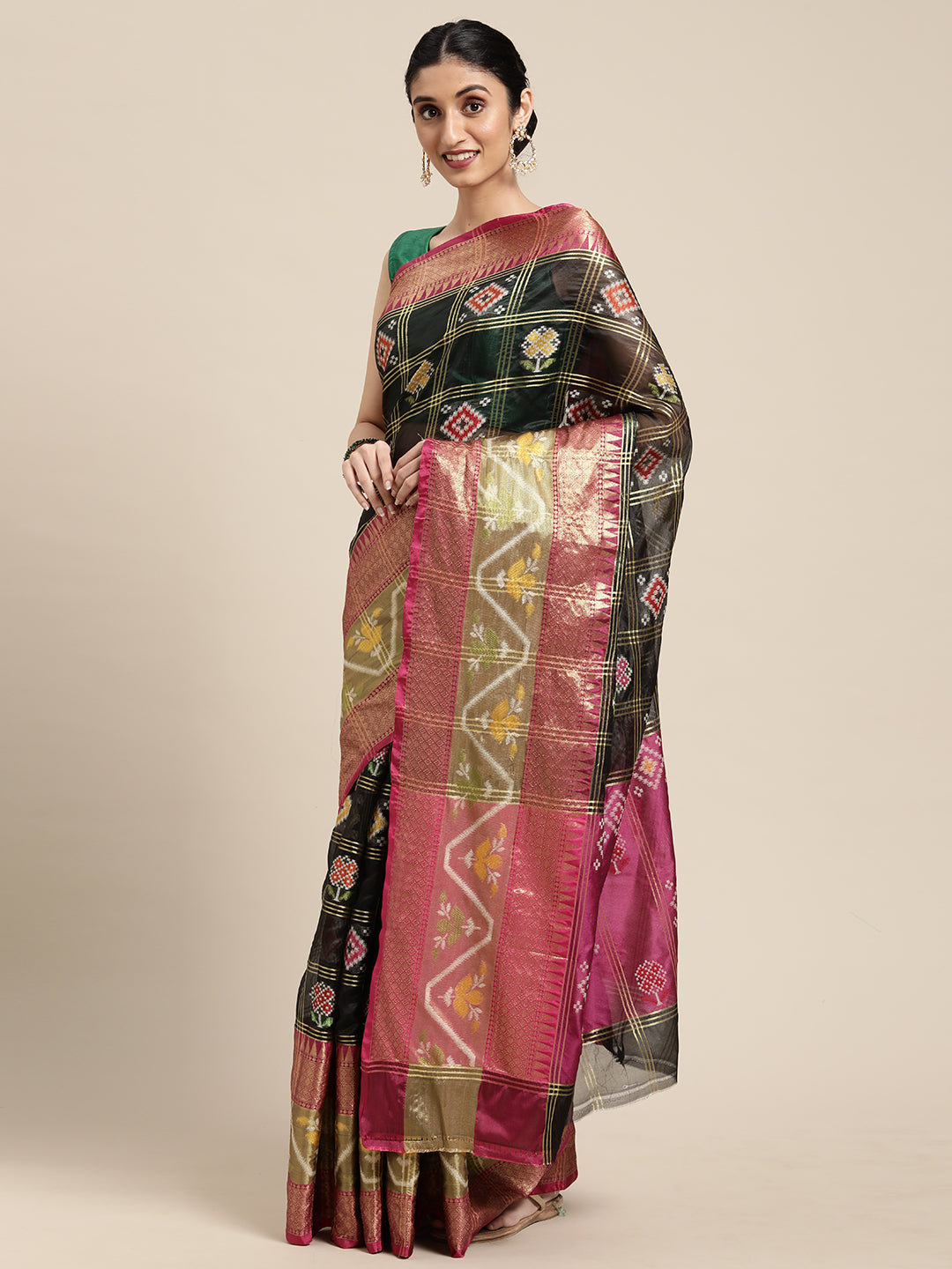 Faishana Presents Black & Magenta Rajkot Patola Art Silk Skirt Pattu Border With Magenta Blouse Banarasi Saree