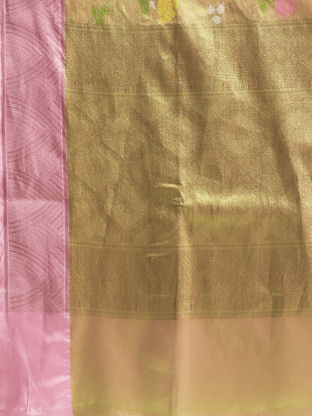 Faishana Presents Antique Gold & Pink Tilfi Jamdani Jaal Border With Gold Blouse Banarasi Saree