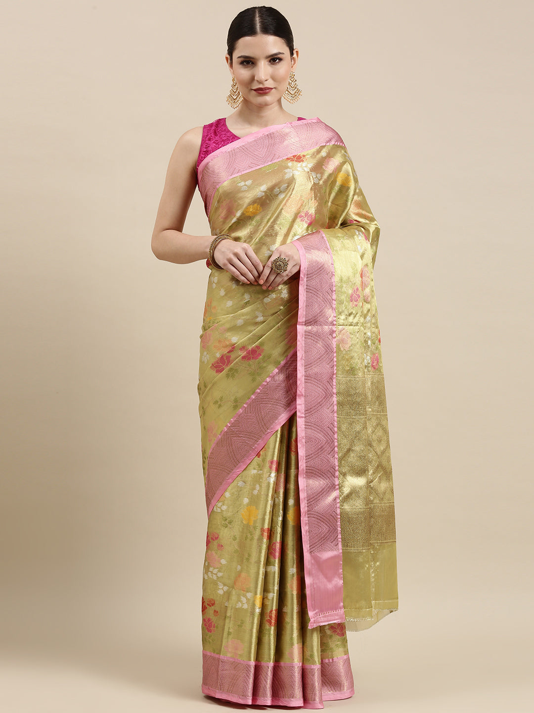 Faishana Presents Pure Gold & Pink Tilfi Jamdani Jaal Border With Gold Blouse Banarasi Saree