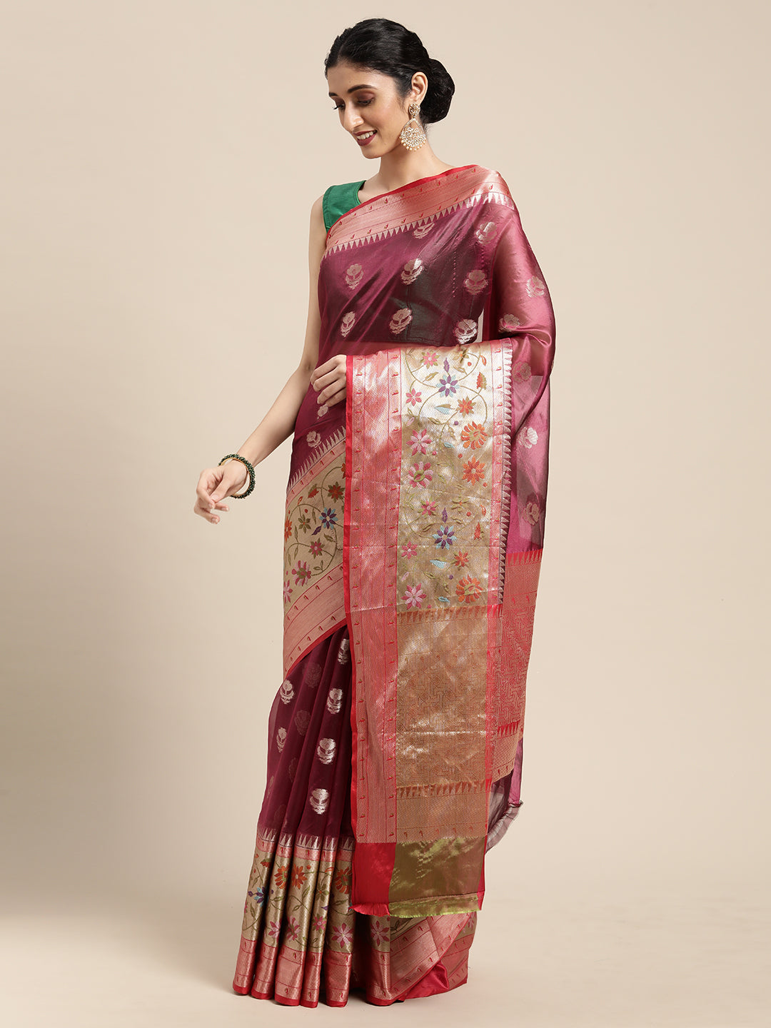 Faishana Presents Magenta & Red Paithani Border With Booti Art Silk Skirt Paithani Border With Red Blouse Banarasi Saree