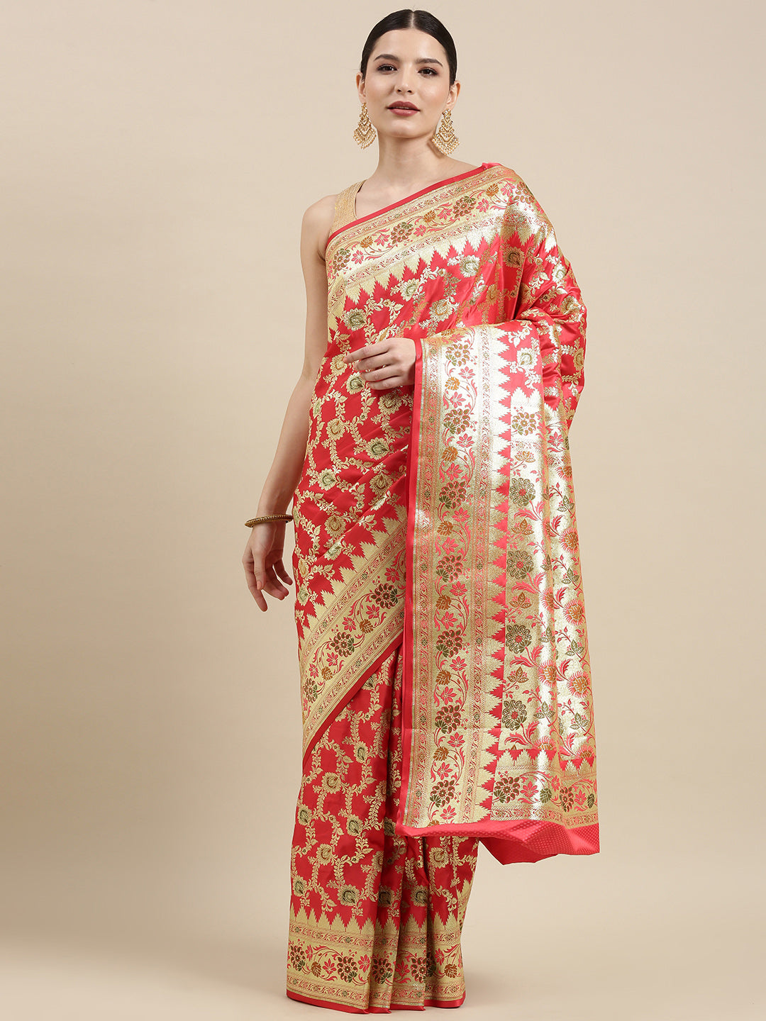 Faishana Peach Katan Silk Floral Meena Zari Jaal Banarasi Saree With Paithani Meena Anchal Border Banarasi Saree