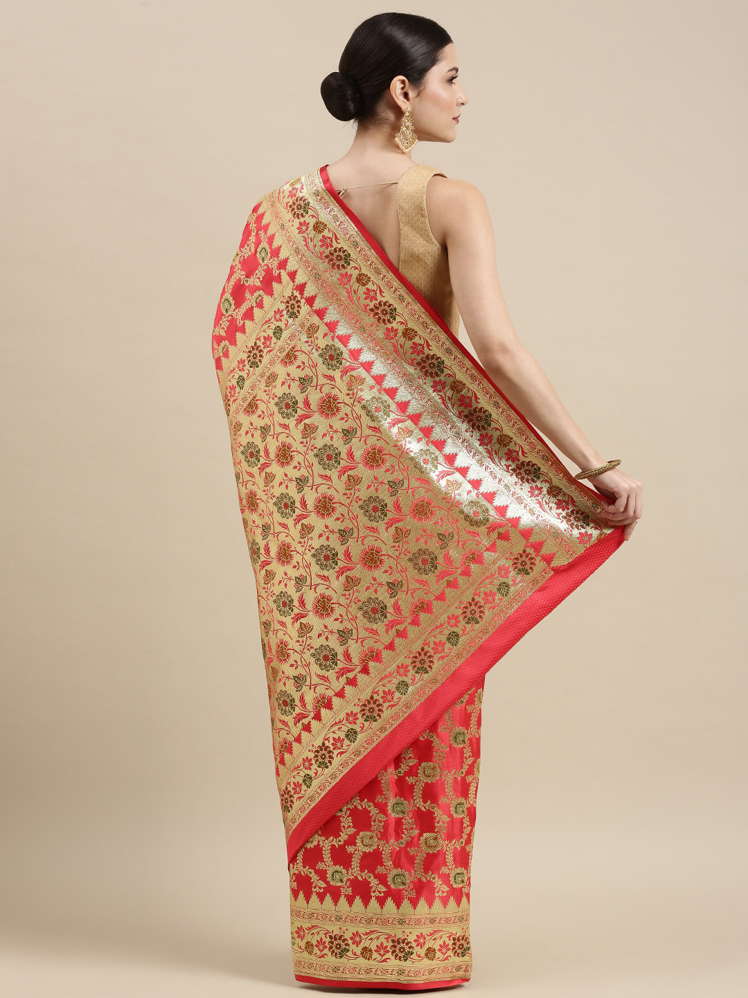 Faishana Peach Katan Silk Floral Meena Zari Jaal Banarasi Saree With Paithani Meena Anchal Border Banarasi Saree