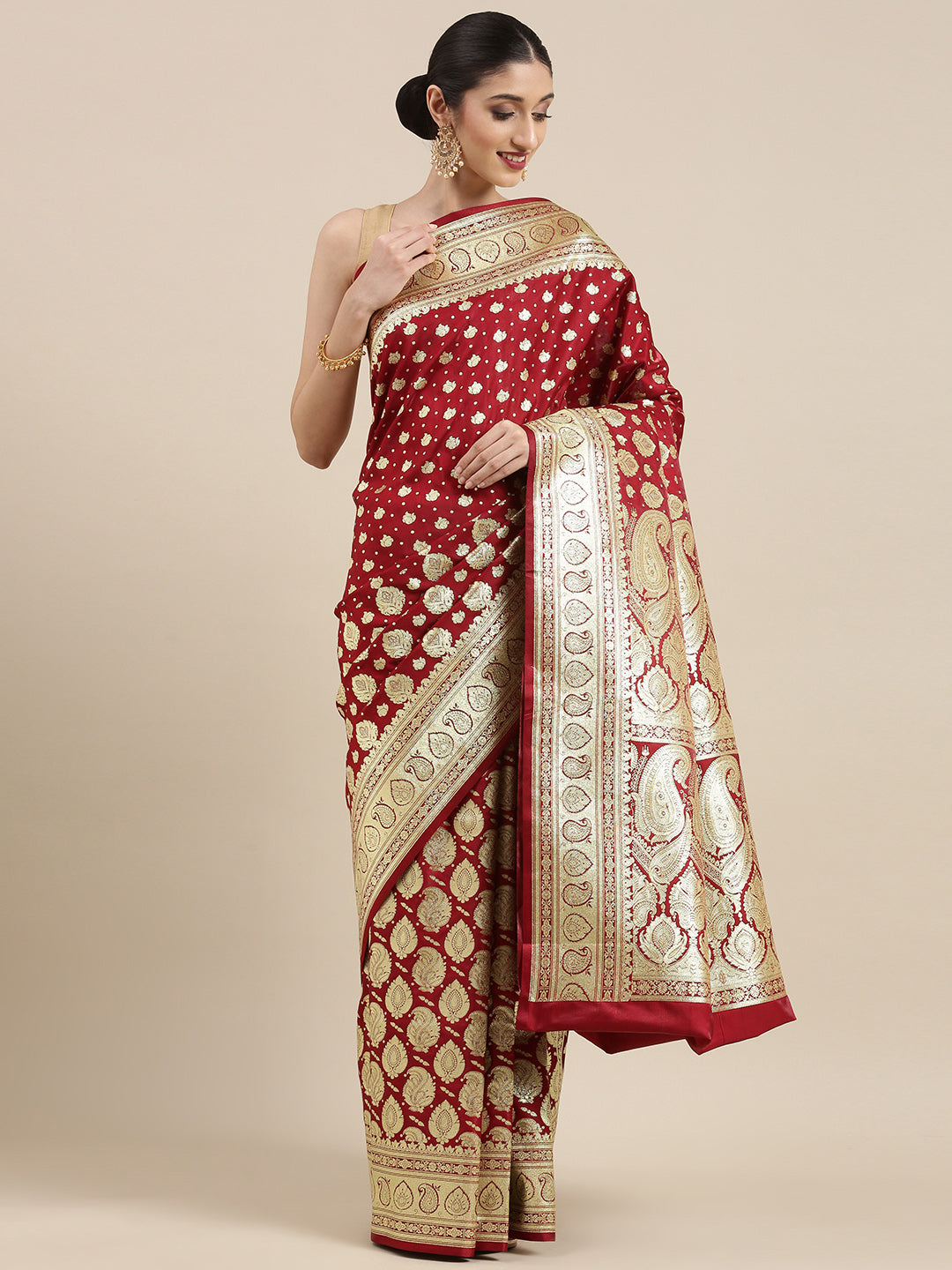 Faishana Presents Maroon Satin Silk Half Half Patli Zari Jaal Zari Anchal With Zari Border Banarasi Saree