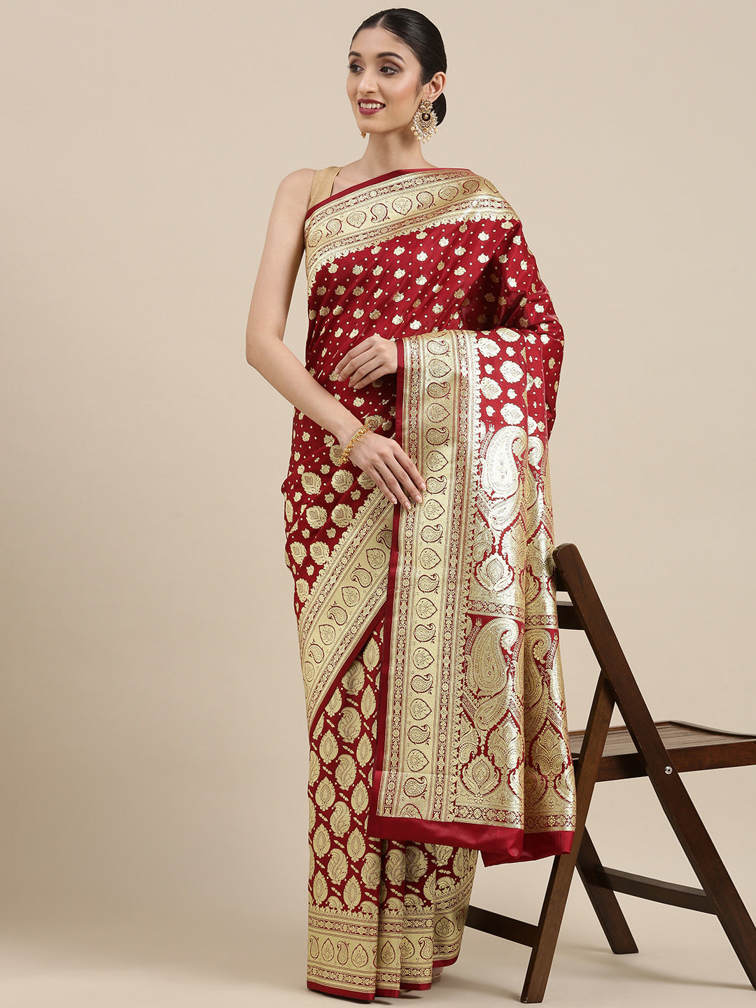 Faishana Presents Maroon Satin Silk Half Half Patli Zari Jaal Zari Anchal With Zari Border Banarasi Saree