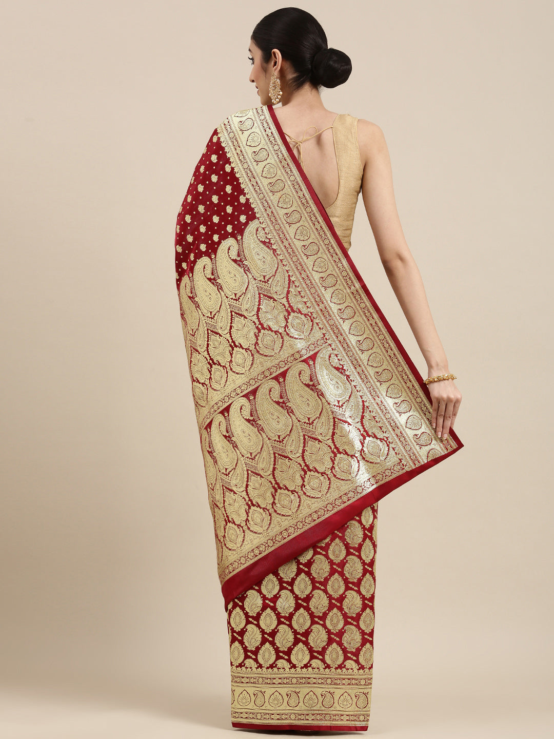 Faishana Presents Maroon Satin Silk Half Half Patli Zari Jaal Zari Anchal With Zari Border Banarasi Saree