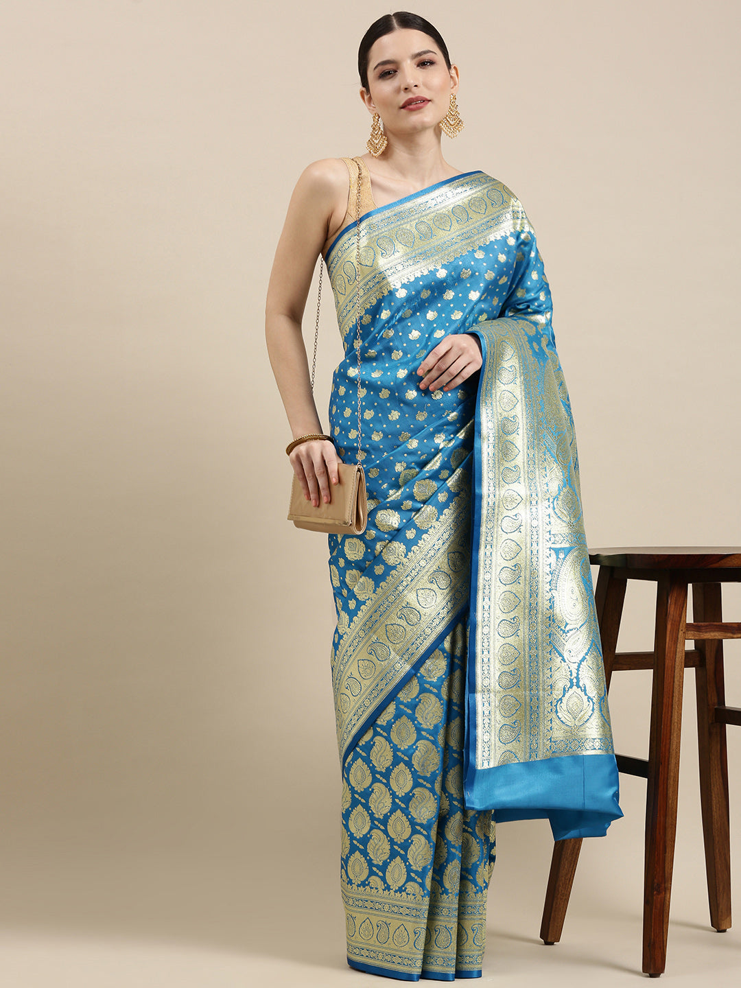 Faishana Turquoise Blue Satin Silk Half Half Patli Zari Booti Saree With Turquoise Blue Blouse