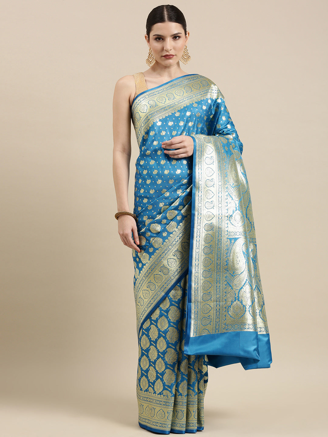 Faishana Turquoise Blue Satin Silk Half Half Patli Zari Booti Saree With Turquoise Blue Blouse