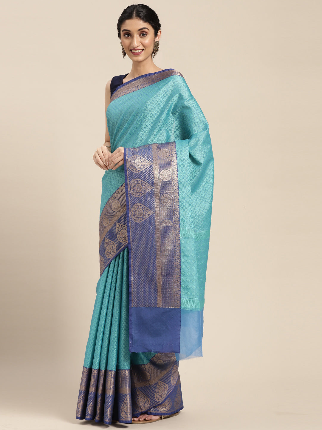 Faishana Turquoise Blue Resham Brocade Saree With Contrast Blue Zari Pattu Border