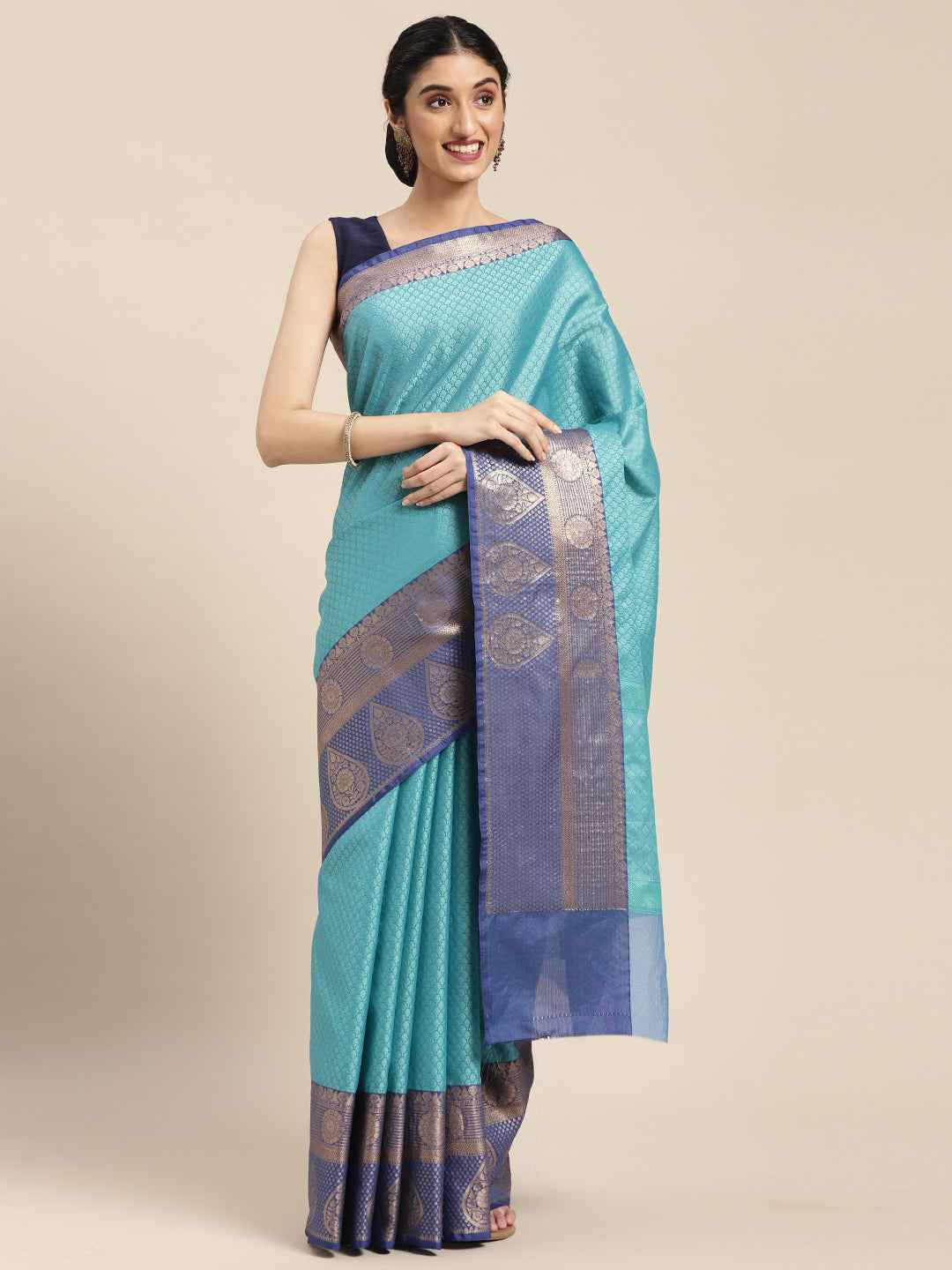 Faishana Turquoise Blue Resham Brocade Saree With Contrast Blue Zari Pattu Border