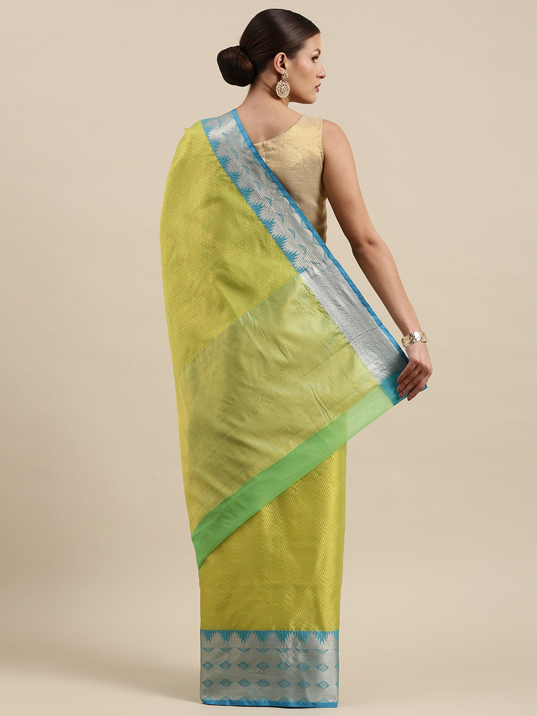 Faishana Gold Resham Brocade Saree With Contrast Blue Zari Pattu Border