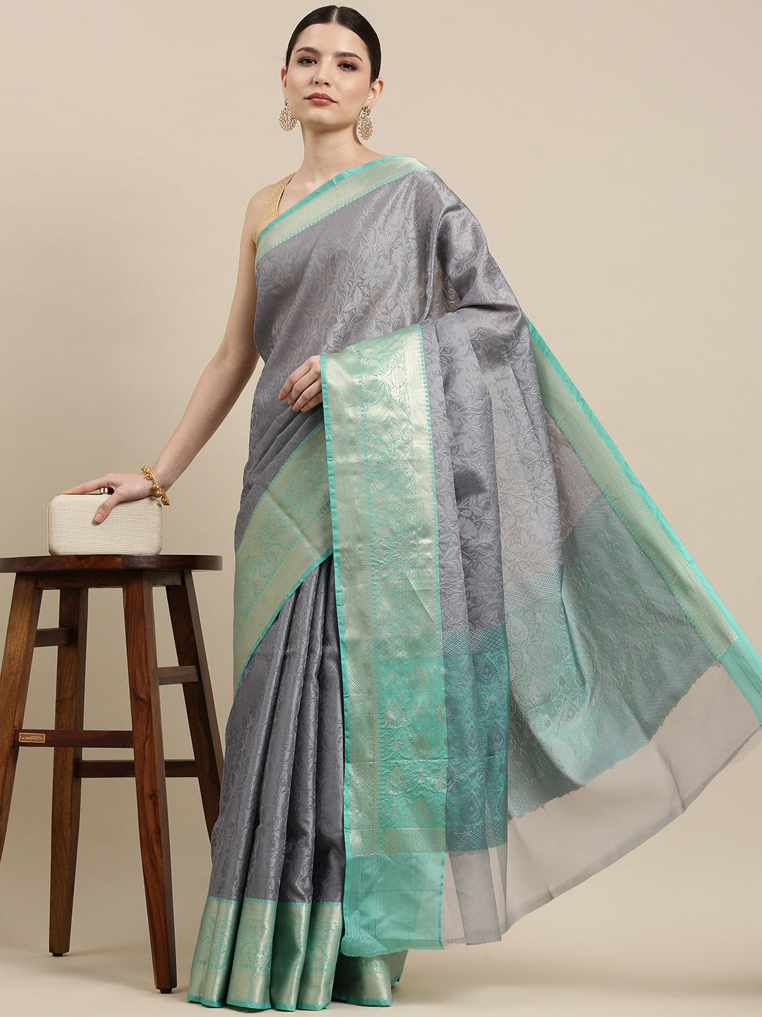 Grey Tanchoi Banarasi Sarees For Women GEBC2