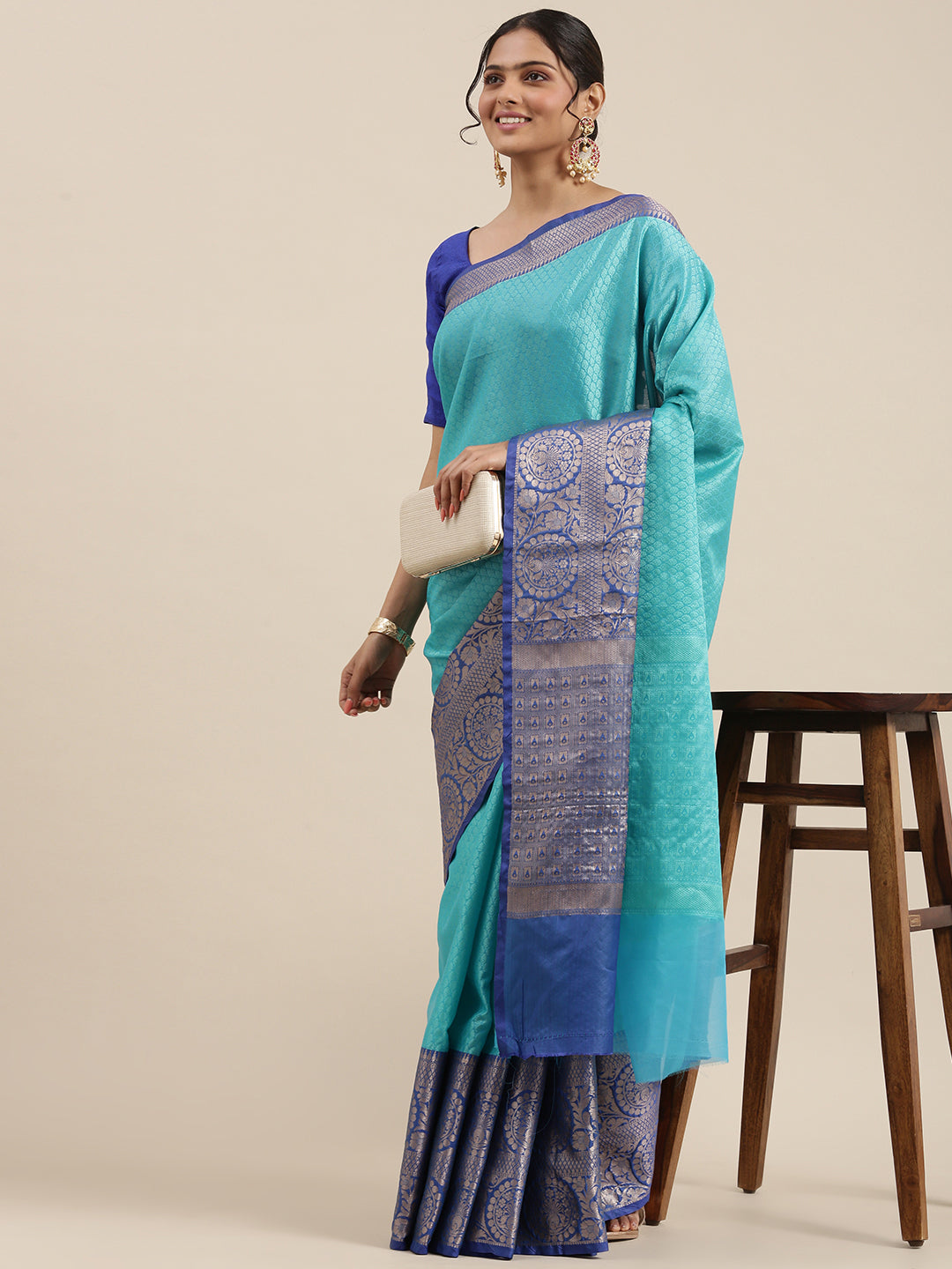 Turquoise Blue Tanchoi Banarasi Sarees For Women GEBC9