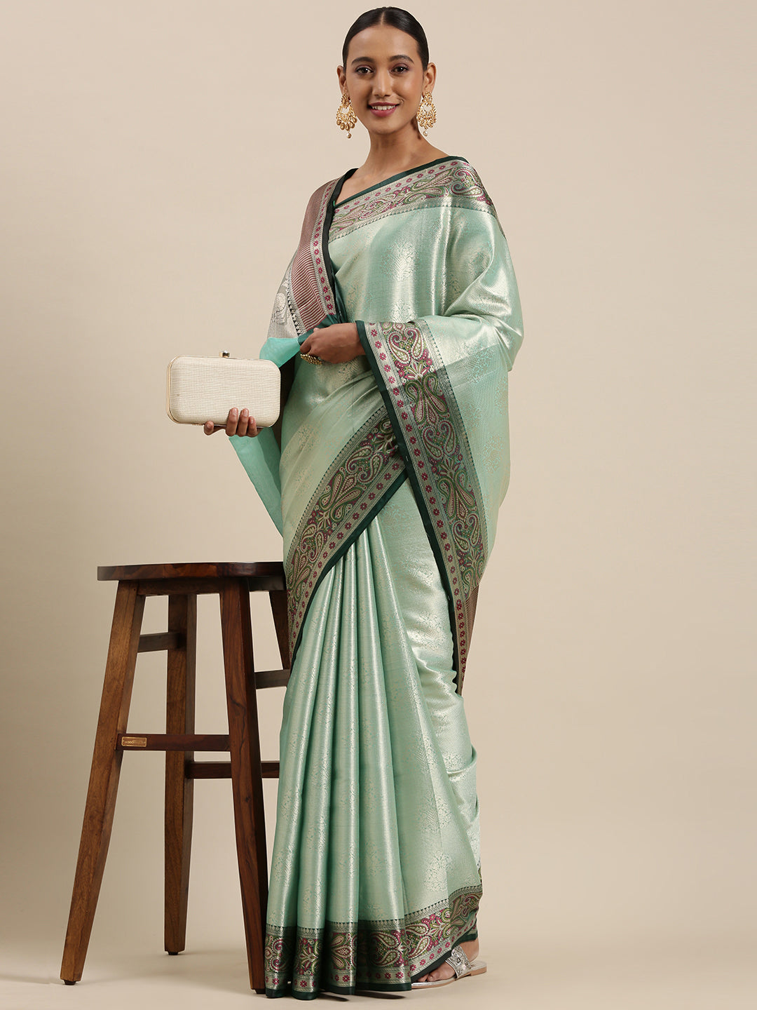 Sea Green Kanchi Silk Banarasi Sarees For Women GEBE10