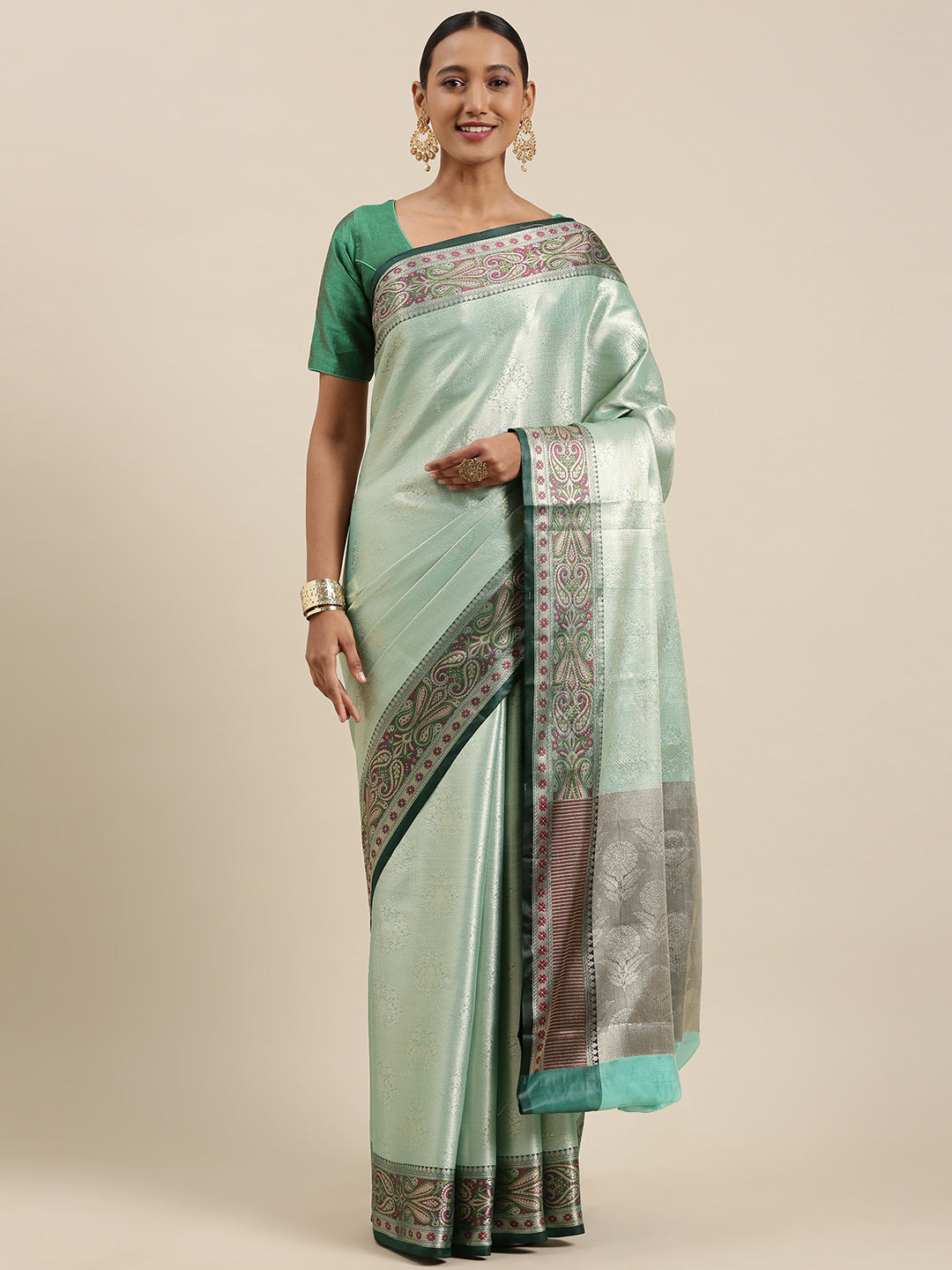 Faishana Presents Sea Green Zari Kanchi Silk Brocade Contrast Silver Gold Jamwar Border Banarasi Saree