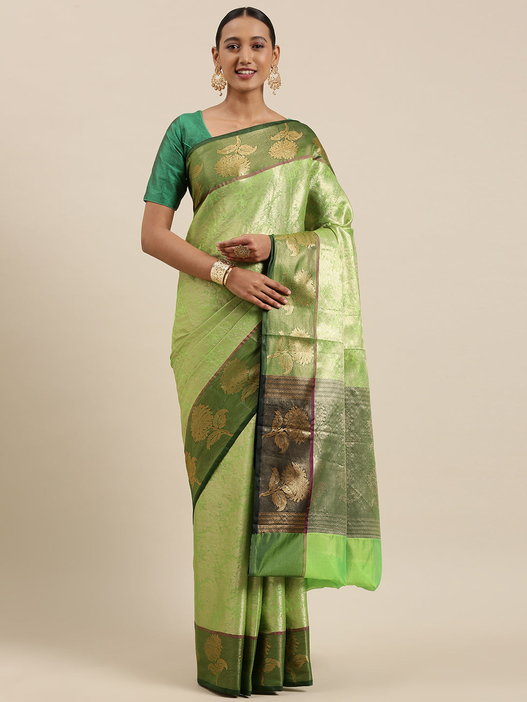 Faishana Presents Green Zari Kanchi Silk Brocade Contrast Zari Pattu Border Banarasi Saree