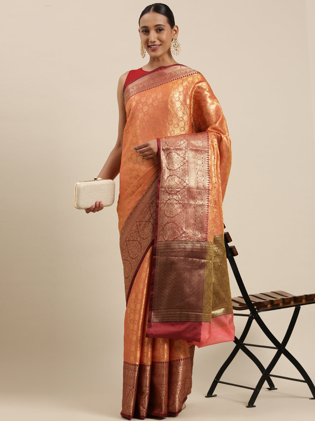 Peach Kanchi Silk Banarasi Sarees For Women GEBE19