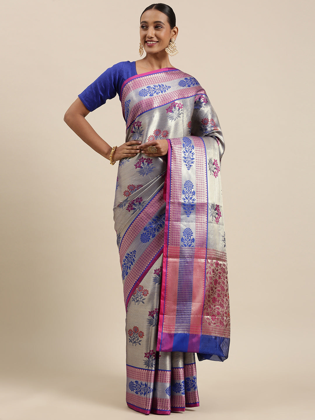 Faishana Presents Grey Zari Meena Paithani Brocade Contrast Pink Pattu Border Banarasi Saree