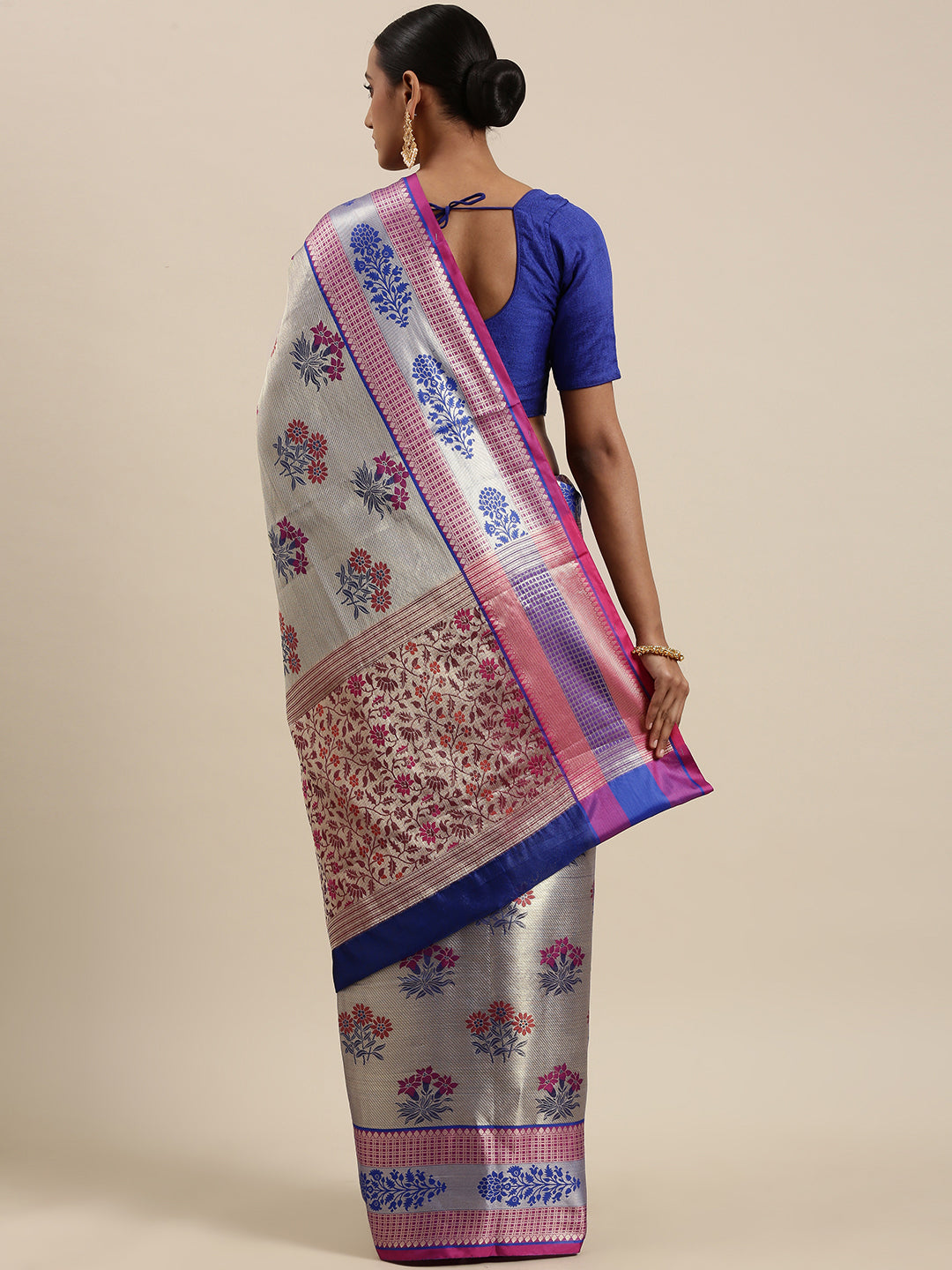 Faishana Presents Grey Zari Meena Paithani Brocade Contrast Pink Pattu Border Banarasi Saree