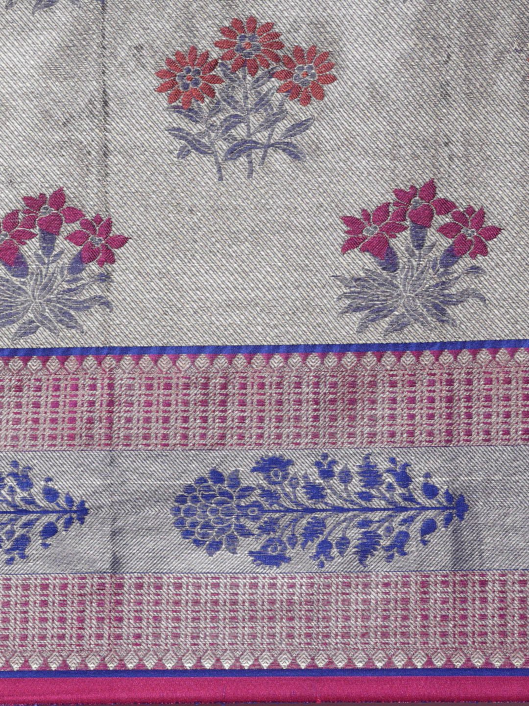 Faishana Presents Grey Zari Meena Paithani Brocade Contrast Pink Pattu Border Banarasi Saree