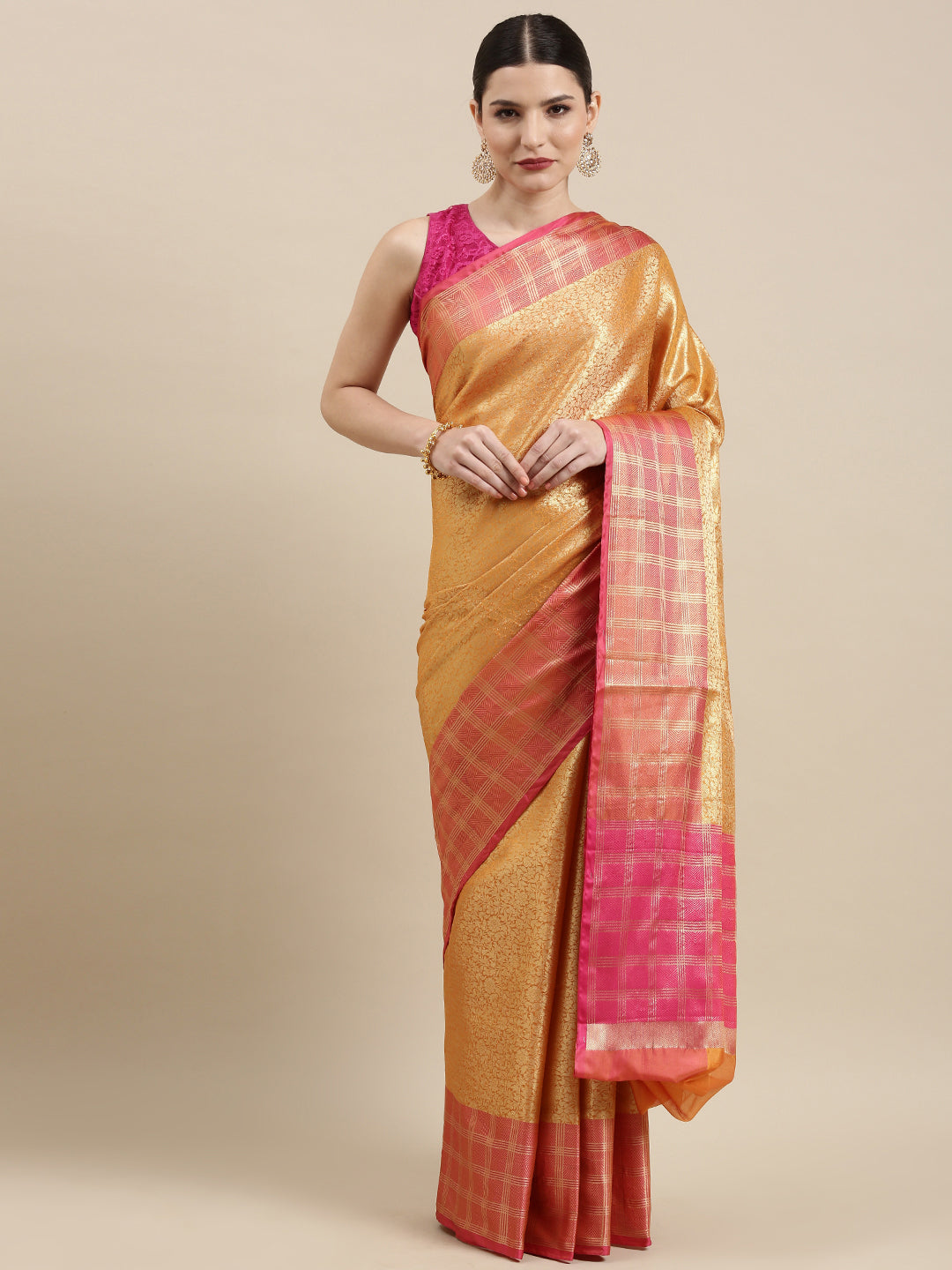Faishana Presents Orange Zari Kanchi Silk Brocade Contrast Pink Zari Pattu Border Banarasi Saree