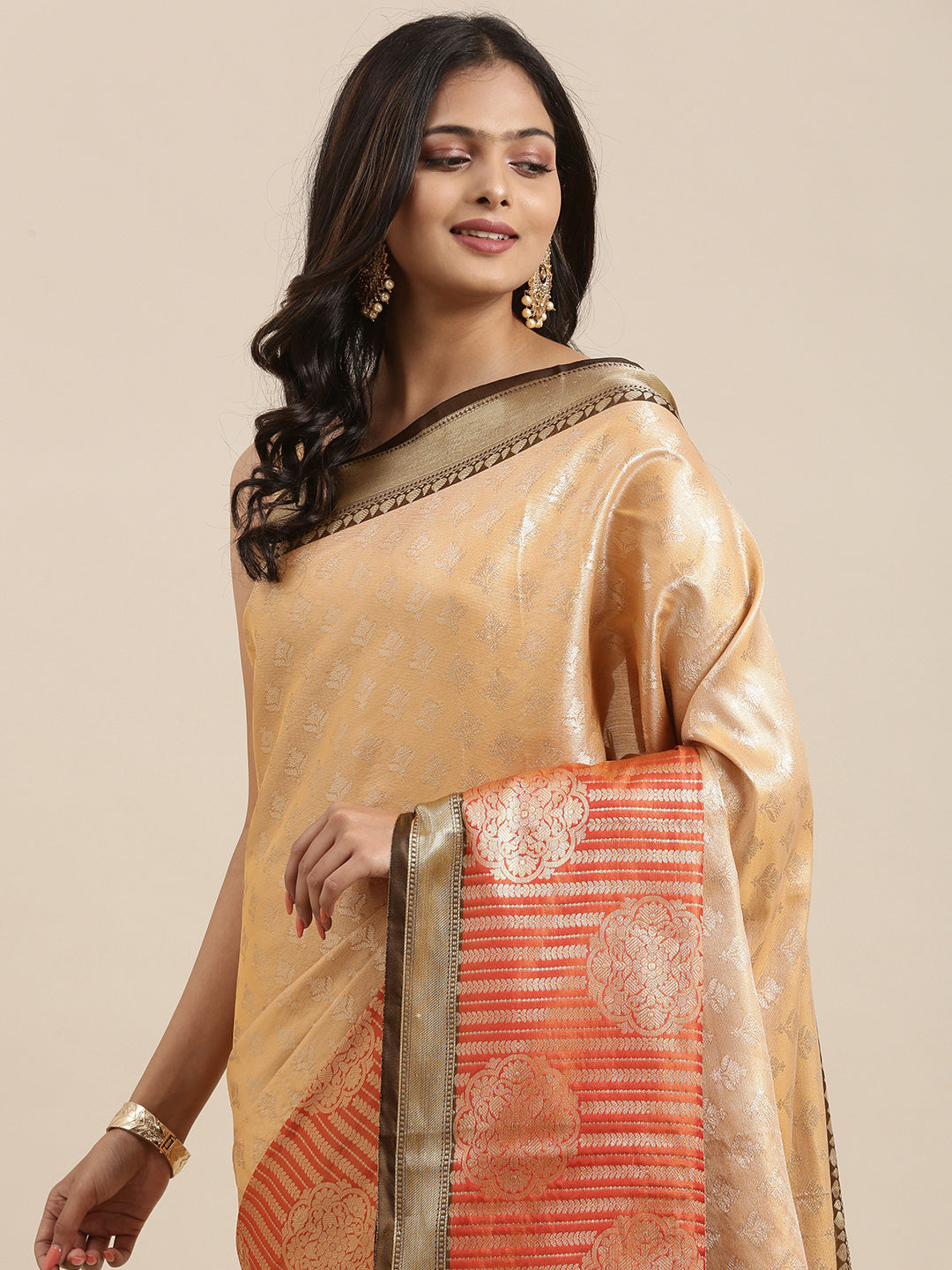 Beige Kanchi Silk Banarasi Sarees For Women GEBE29