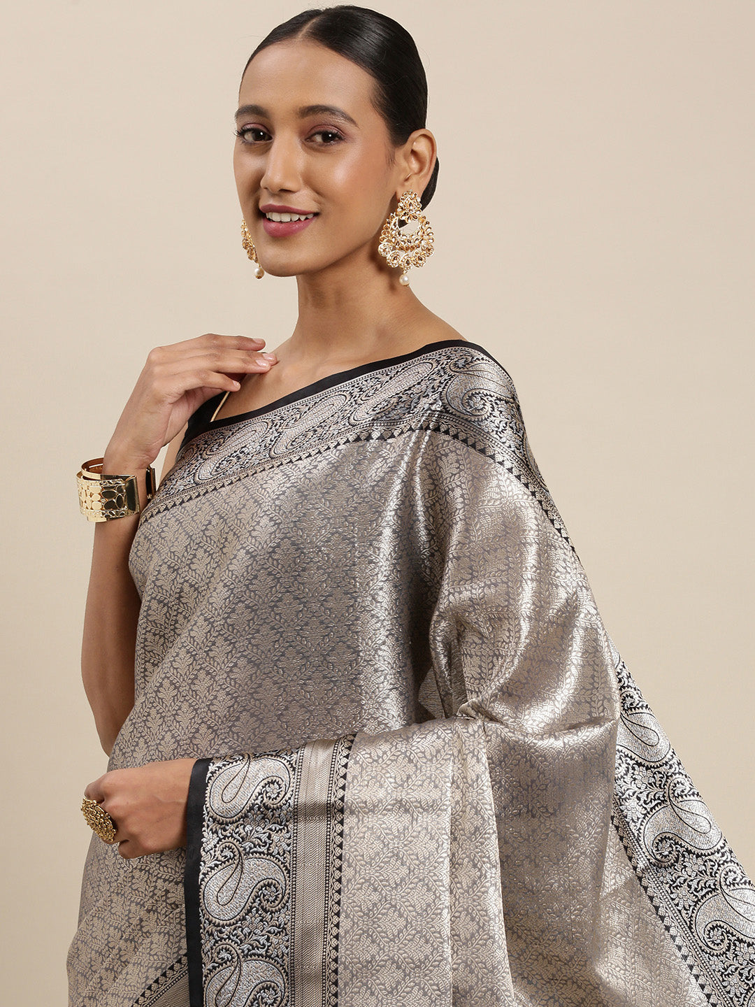 Faishana Presents Black Zari Kanchi Silk Brocade Contrast Silver Gold Jamawar Border Banarasi Saree