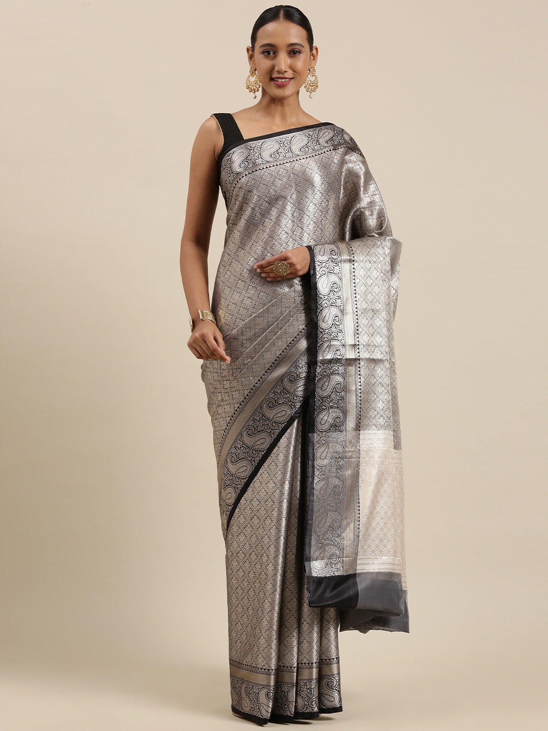 Faishana Presents Black Zari Kanchi Silk Brocade Contrast Silver Gold Jamawar Border Banarasi Saree