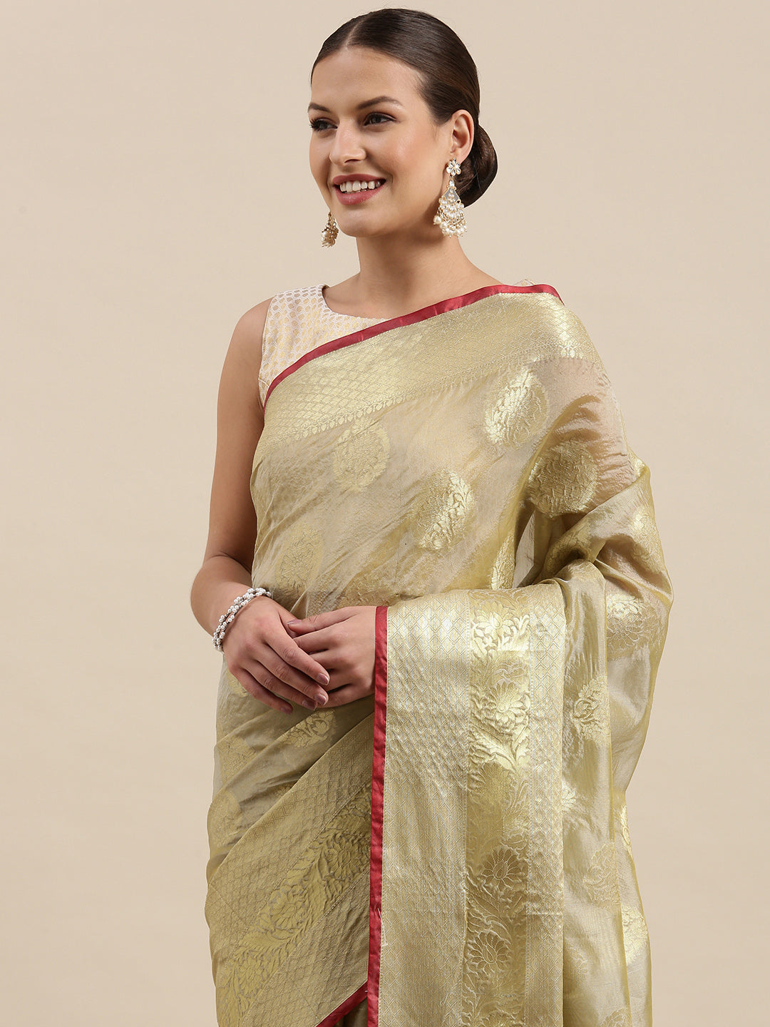 Faishana Presents Handwoven Olive Green Bright Silk Boota Skirt Border With Olive Green Blouse Banarasi Saree