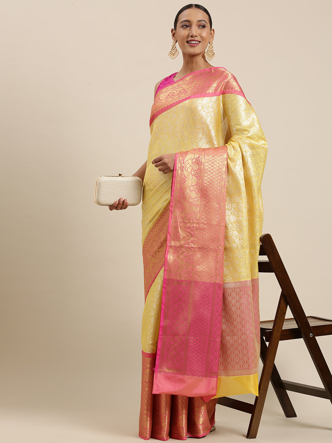 Faishana Presents Presents Gold Kanchi Silk Zari Brocade Contrast Silk Zari Brocade Red Pattu Border Banarasi Saree.