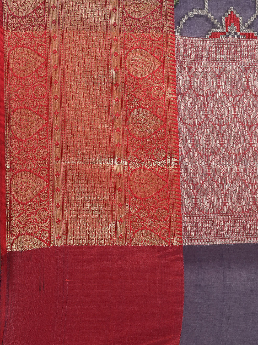 Faishana Presents Presents Navy Blue Zari Patola Contrast Zari Brocade Maroon Pattu Border Banarasi Saree.